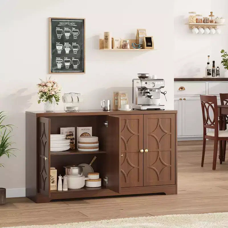 55 Buffet Cabinet with Storage, 4-Door Wood Sideboard with Adjustable Shelves, Farmhouse Coffee Bar Cabinet for Kitchen, Living Room, Entryway