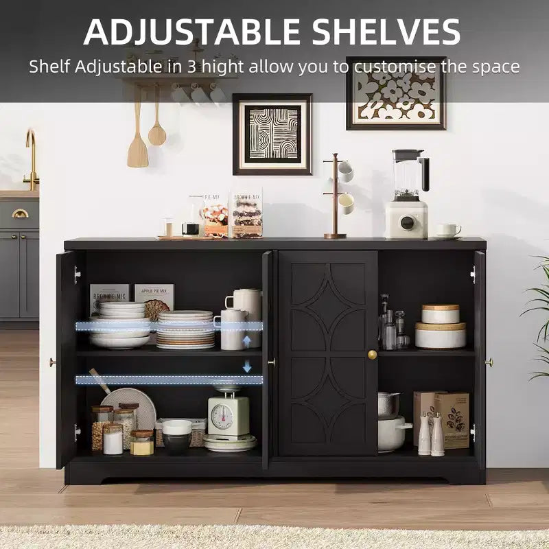 55 Buffet Cabinet with Storage, 4-Door Wood Sideboard with Adjustable Shelves, Farmhouse Coffee Bar Cabinet for Kitchen, Living Room, Entryway