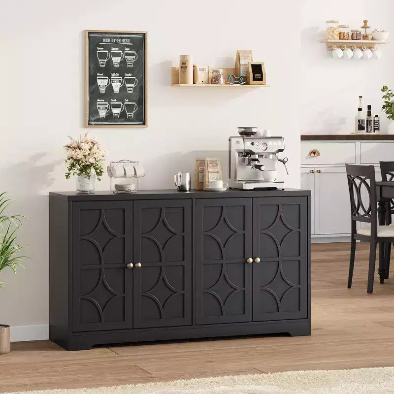 55 Buffet Cabinet with Storage, 4-Door Wood Sideboard with Adjustable Shelves, Farmhouse Coffee Bar Cabinet for Kitchen, Living Room, Entryway