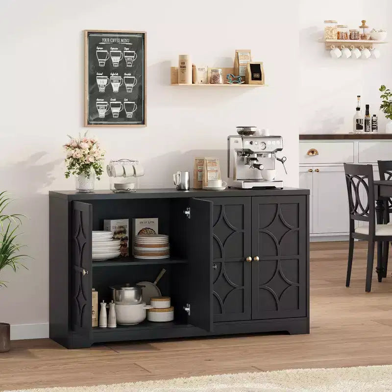 55 Buffet Cabinet with Storage, 4-Door Wood Sideboard with Adjustable Shelves, Farmhouse Coffee Bar Cabinet for Kitchen, Living Room, Entryway