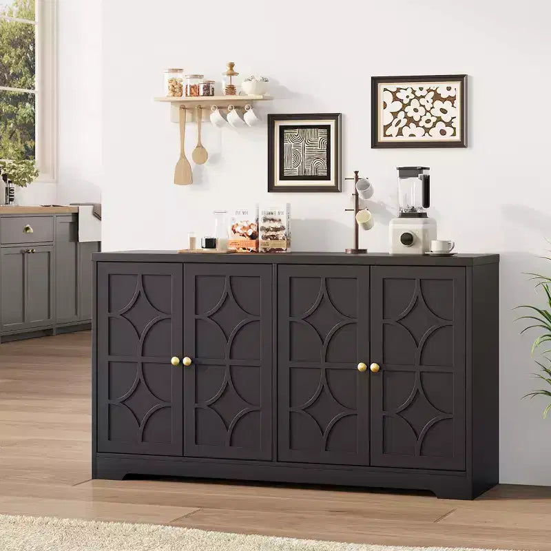 55 Buffet Cabinet with Storage, 4-Door Wood Sideboard with Adjustable Shelves, Farmhouse Coffee Bar Cabinet for Kitchen, Living Room, Entryway