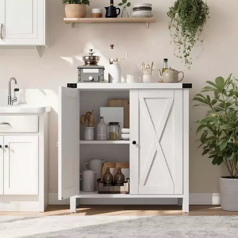 Farmhouse Storage Cabinet with 2 Barn Doors & Adjustable Shelf, Modern Sideboard Buffet Accent Accent Console Table for Living Room Kitchen Hallway