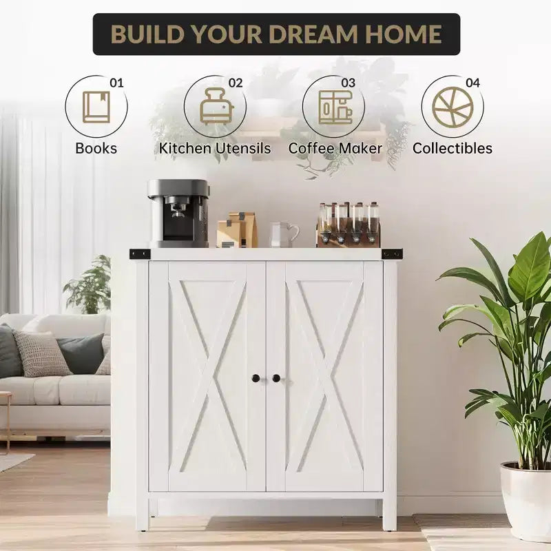 Farmhouse Storage Cabinet with 2 Barn Doors & Adjustable Shelf, Modern Sideboard Buffet Accent Accent Console Table for Living Room Kitchen Hallway