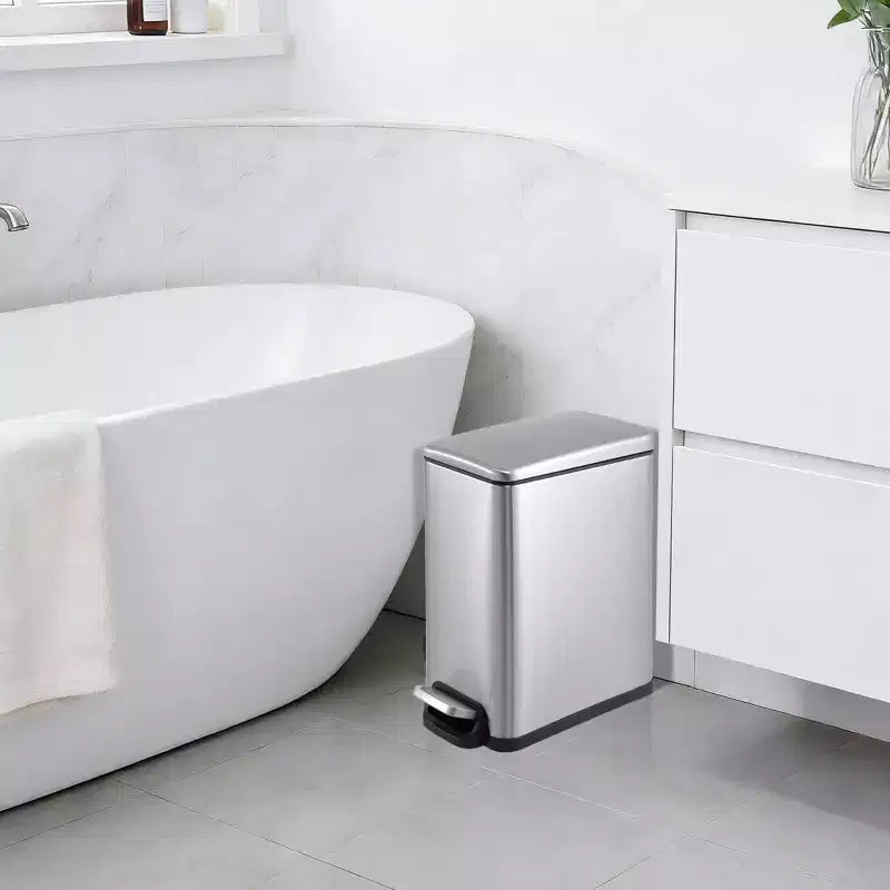 Slim Stainless Steel Kitchen Trash Can, Step-On Pedal with Soft Close Lid - Removable Inner Bucket - Narrow Rectangular Waste Bin - Home, Office