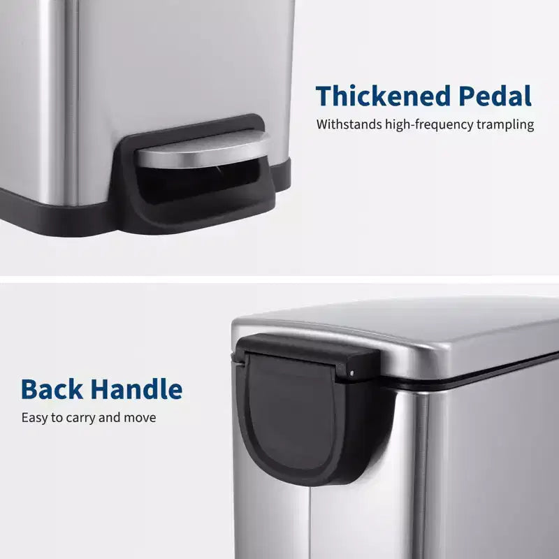 Slim Stainless Steel Kitchen Trash Can, Step-On Pedal with Soft Close Lid - Removable Inner Bucket - Narrow Rectangular Waste Bin - Home, Office