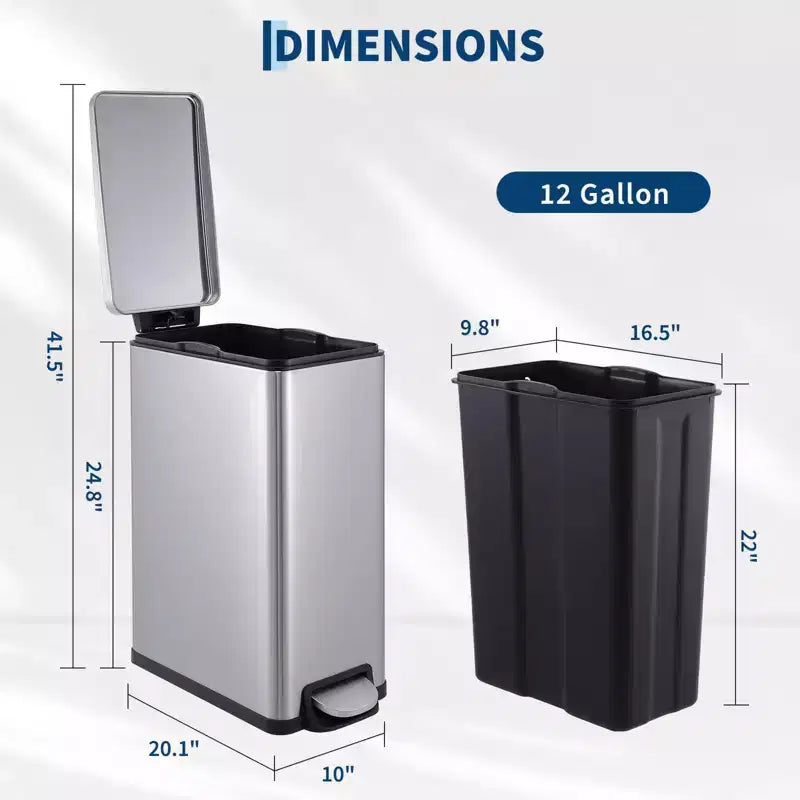 Slim Stainless Steel Kitchen Trash Can, Step-On Pedal with Soft Close Lid - Removable Inner Bucket - Narrow Rectangular Waste Bin - Home, Office