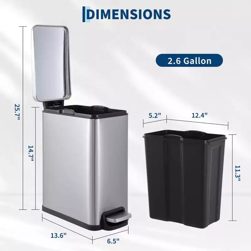 Slim Stainless Steel Kitchen Trash Can, Step-On Pedal with Soft Close Lid - Removable Inner Bucket - Narrow Rectangular Waste Bin - Home, Office