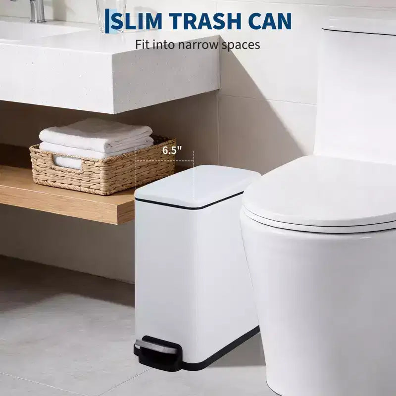 Slim Stainless Steel Kitchen Trash Can, Step-On Pedal with Soft Close Lid - Removable Inner Bucket - Narrow Rectangular Waste Bin - Home, Office