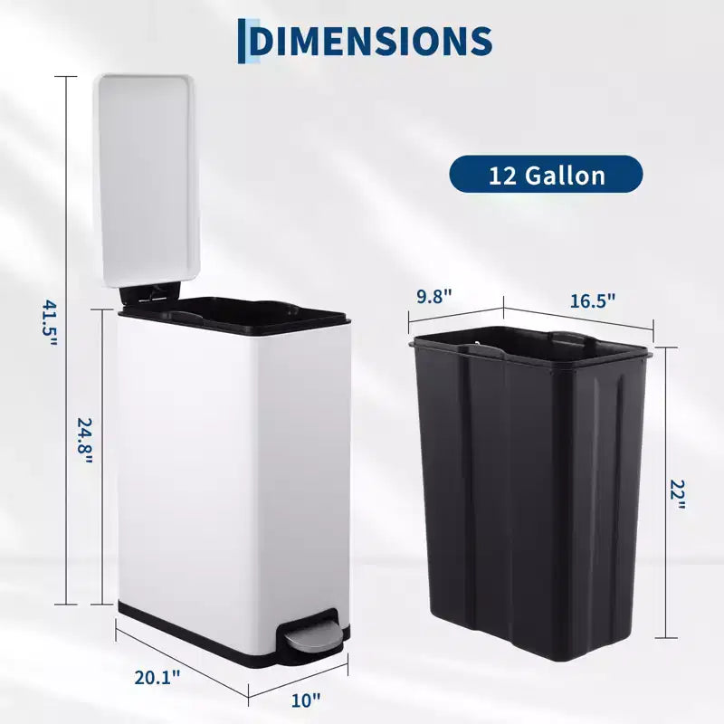 Slim Stainless Steel Kitchen Trash Can, Step-On Pedal with Soft Close Lid - Removable Inner Bucket - Narrow Rectangular Waste Bin - Home, Office