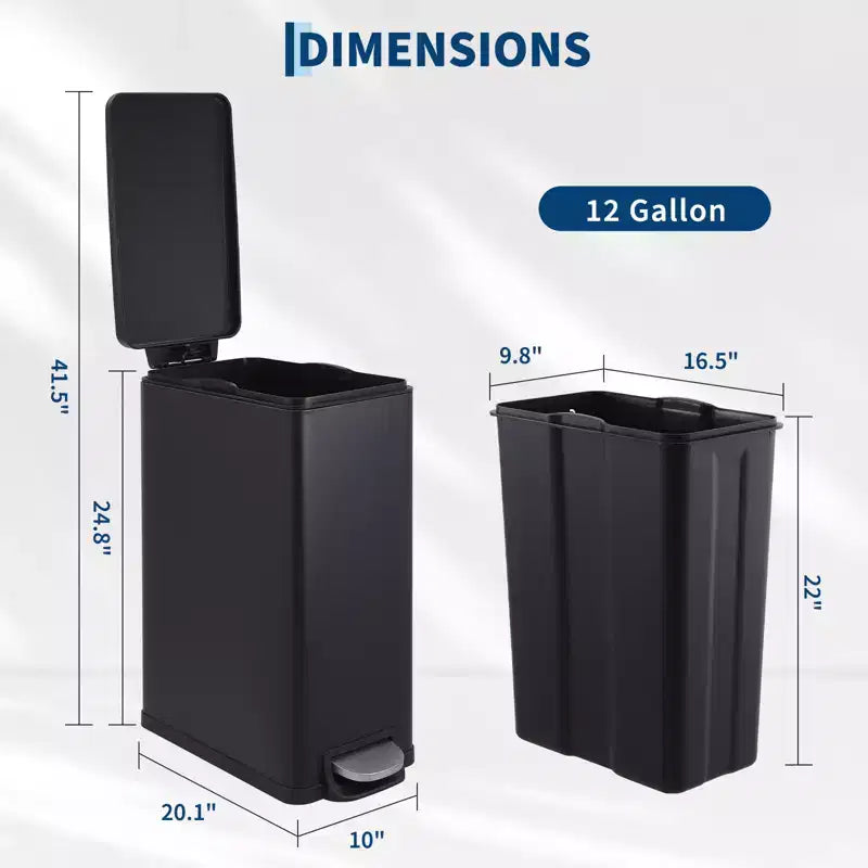 Slim Stainless Steel Kitchen Trash Can, Step-On Pedal with Soft Close Lid - Removable Inner Bucket - Narrow Rectangular Waste Bin - Home, Office