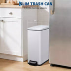 Slim Stainless Steel Kitchen Trash Can, Step-On Pedal with Soft Close Lid - Removable Inner Bucket - Narrow Rectangular Waste Bin - Home, Office