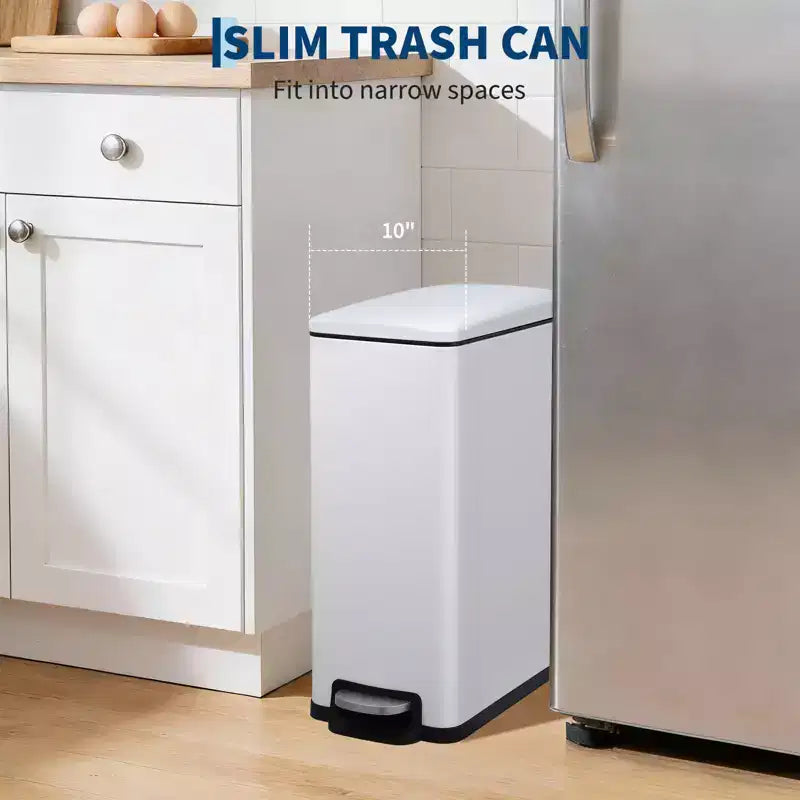 Slim Stainless Steel Kitchen Trash Can, Step-On Pedal with Soft Close Lid - Removable Inner Bucket - Narrow Rectangular Waste Bin - Home, Office