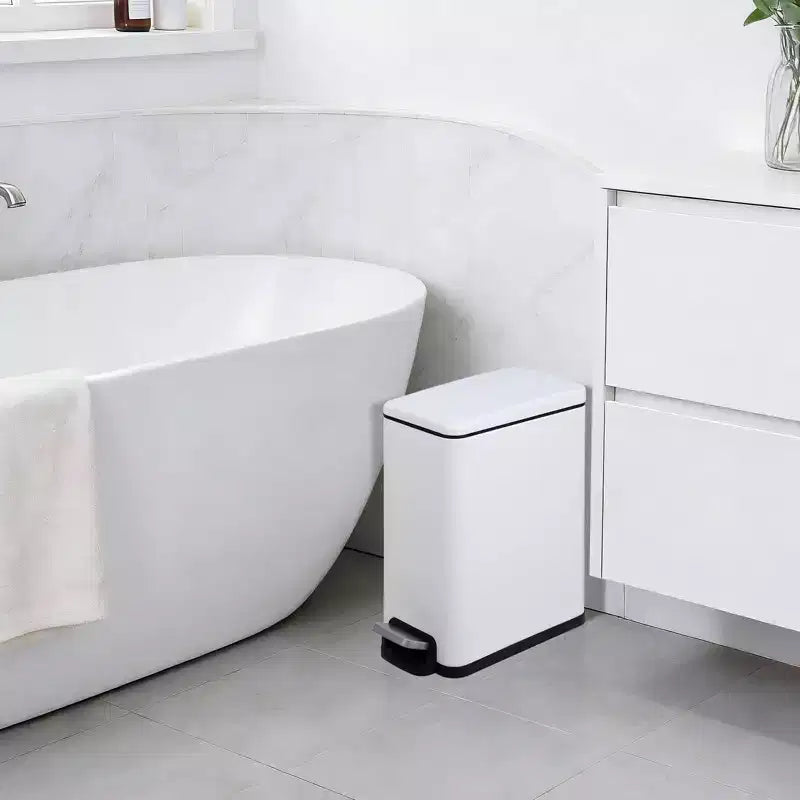 Slim Stainless Steel Kitchen Trash Can, Step-On Pedal with Soft Close Lid - Removable Inner Bucket - Narrow Rectangular Waste Bin - Home, Office