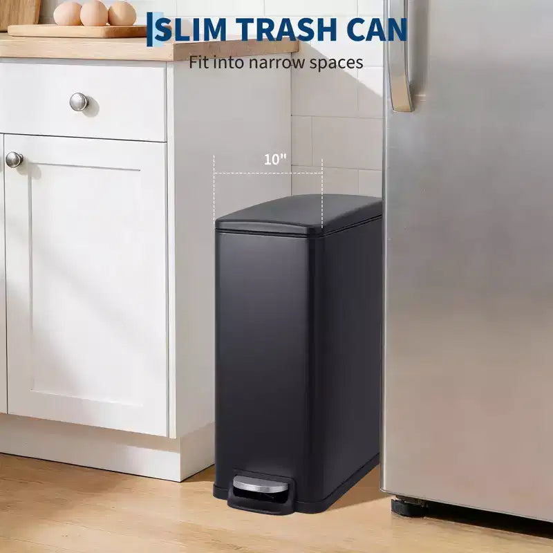 Slim Stainless Steel Kitchen Trash Can, Step-On Pedal with Soft Close Lid - Removable Inner Bucket - Narrow Rectangular Waste Bin - Home, Office