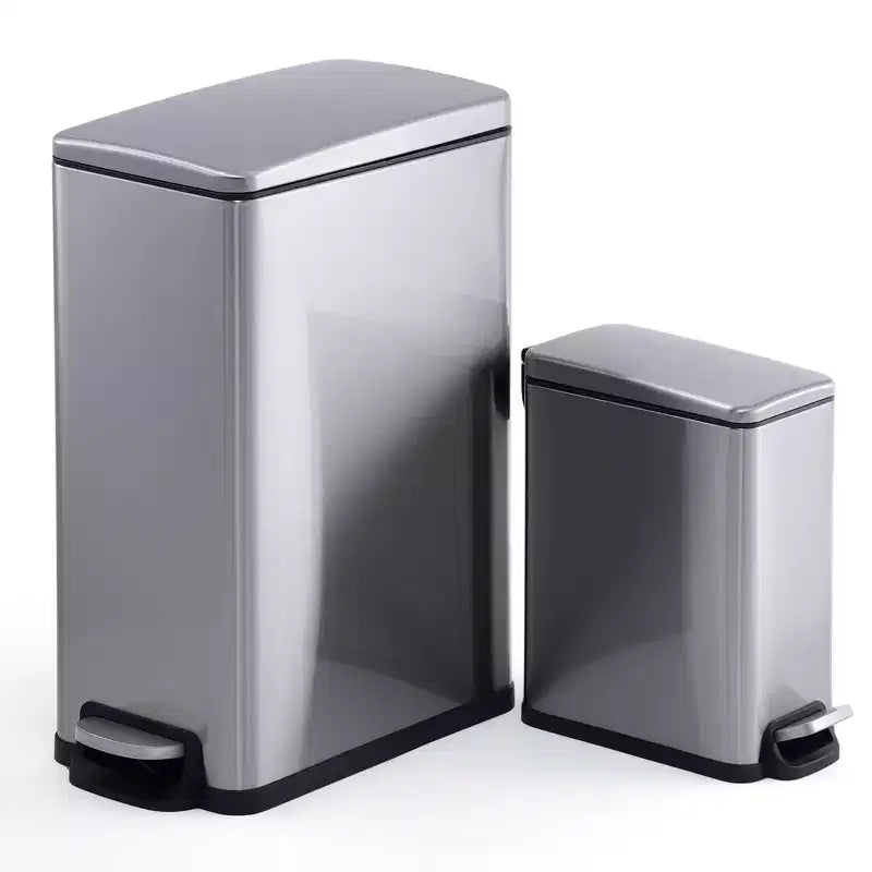 Slim Stainless Steel Kitchen Trash Can, Step-On Pedal with Soft Close Lid - Removable Inner Bucket - Narrow Rectangular Waste Bin - Home, Office