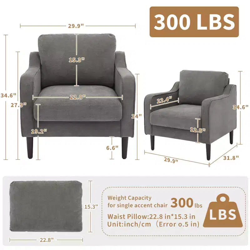 Mid-Century Linen Accent Reading Chair for Living Room/Bedroom, Comfy Single Armchair for Small Spaces