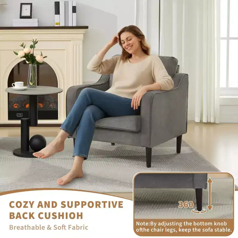 Mid-Century Linen Accent Reading Chair for Living Room/Bedroom, Comfy Single Armchair for Small Spaces