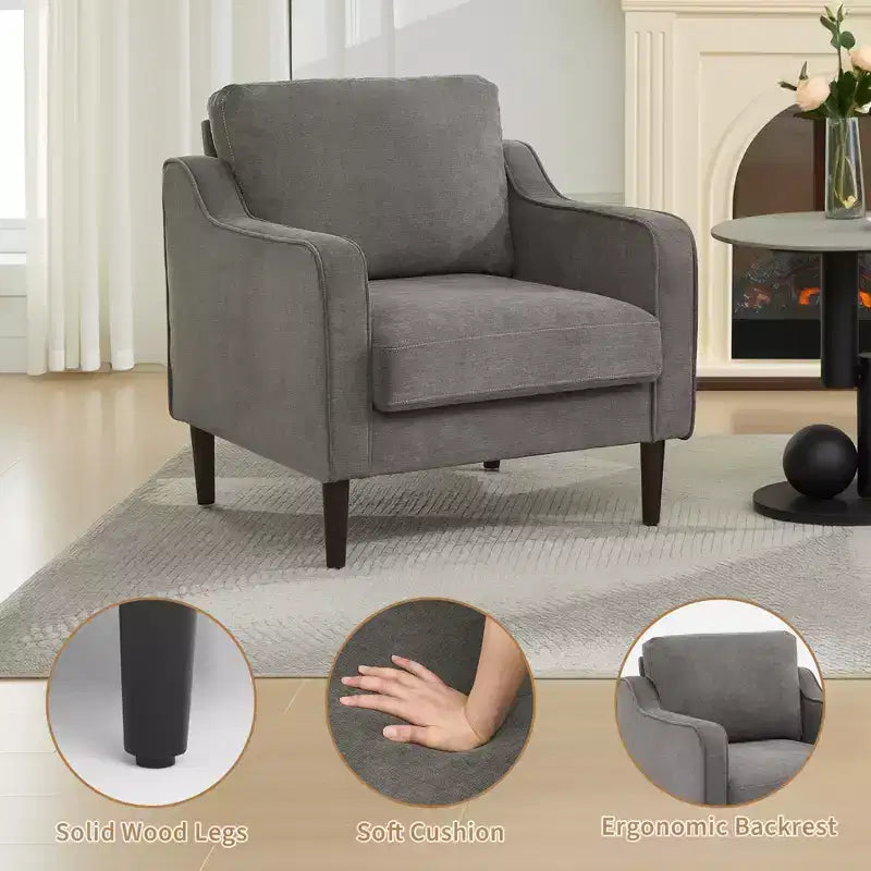 Mid-Century Linen Accent Reading Chair for Living Room/Bedroom, Comfy Single Armchair for Small Spaces