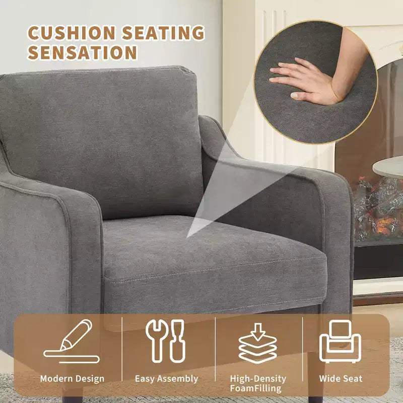 Mid-Century Linen Accent Reading Chair for Living Room/Bedroom, Comfy Single Armchair for Small Spaces
