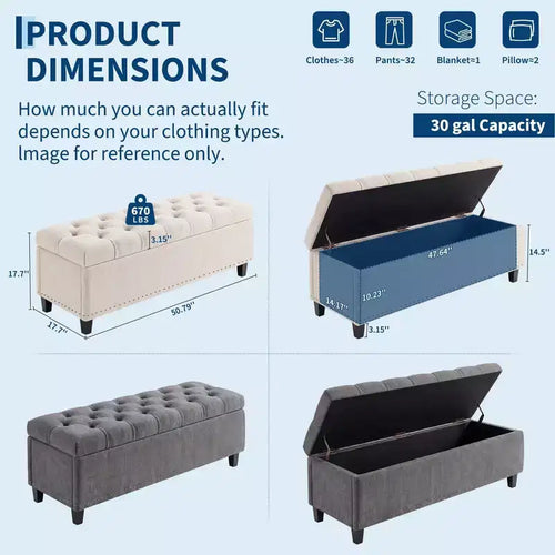 51 Extra Large Storage Ottoman Bench, 660lbs Heavy Duty End of Bed Chest w/ Tufted Upholstery & Safety Hinge for Bedroom, Entryway & Living Room