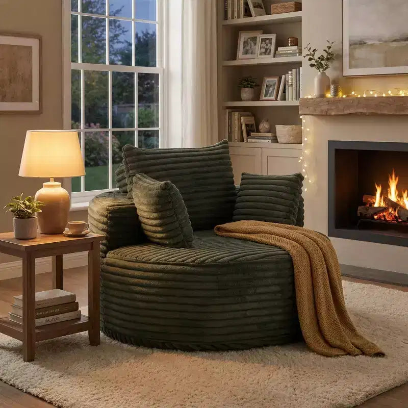 FurnitureR Round Lounge Chair, Corduroy Upholstered Accent Chair with Deep Seat, Modern Comfy Single Sofa for Living Room Bedroom Apartment