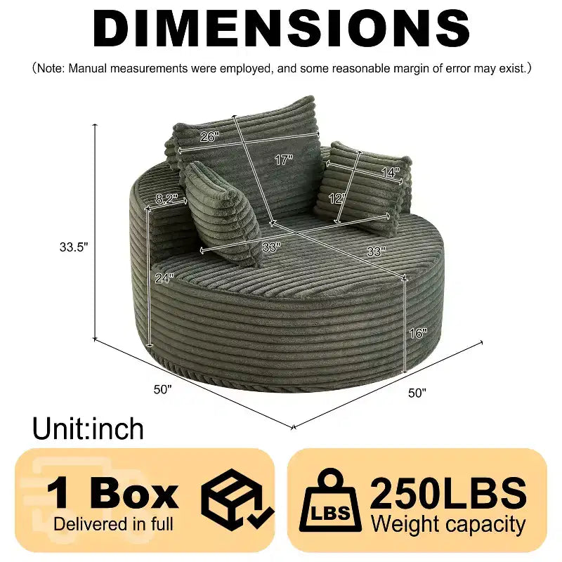 FurnitureR Round Lounge Chair, Corduroy Upholstered Accent Chair with Deep Seat, Modern Comfy Single Sofa for Living Room Bedroom Apartment