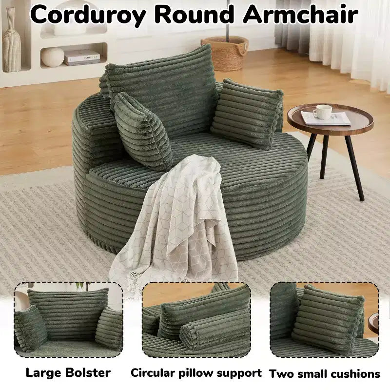 FurnitureR Round Lounge Chair, Corduroy Upholstered Accent Chair with Deep Seat, Modern Comfy Single Sofa for Living Room Bedroom Apartment