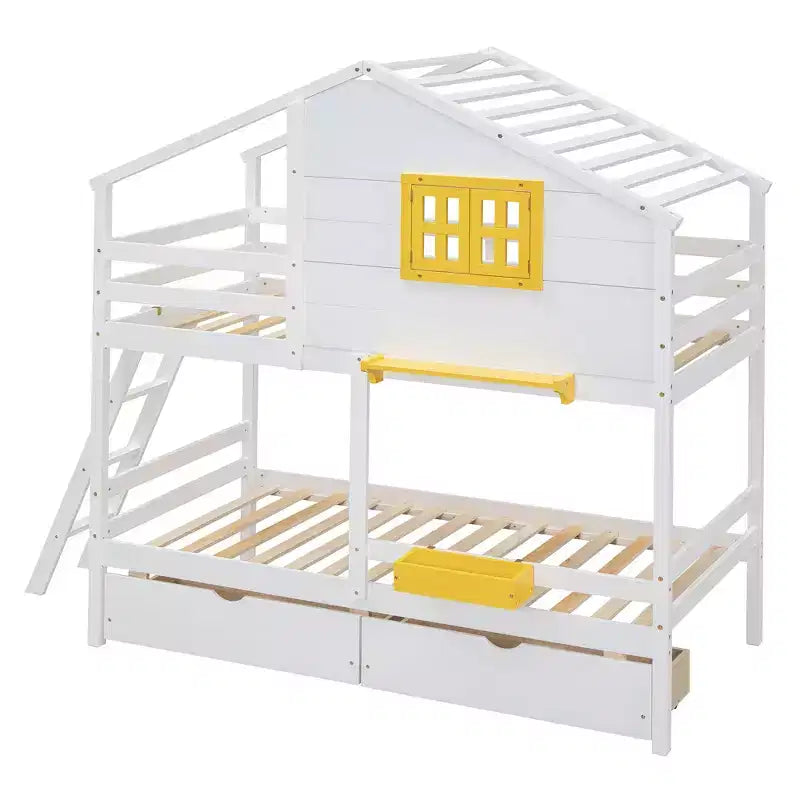 Luxystar Twin over Twin House Bunk Bed with 2 Drawers, Storage Shelves and Window