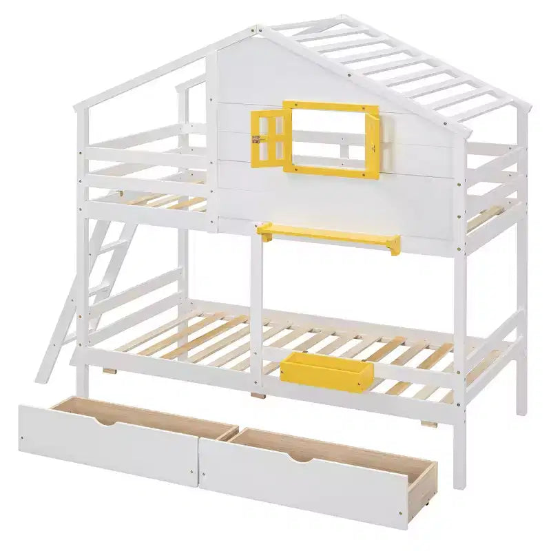 Luxystar Twin over Twin House Bunk Bed with 2 Drawers, Storage Shelves and Window