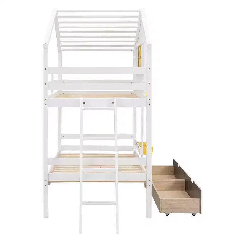 Luxystar Twin over Twin House Bunk Bed with 2 Drawers, Storage Shelves and Window