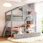 Luxystar Twin over Twin House Bunk Bed with 2 Drawers, Storage Shelves and Window