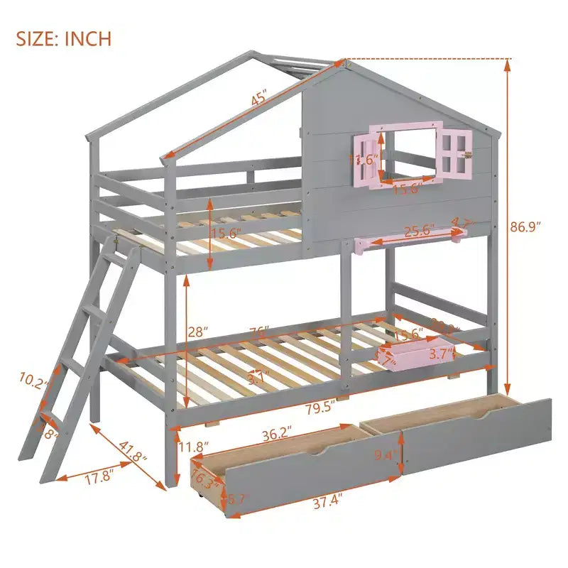 Luxystar Twin over Twin House Bunk Bed with 2 Drawers, Storage Shelves and Window