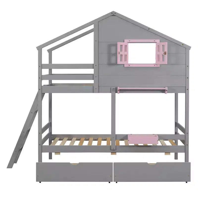 Luxystar Twin over Twin House Bunk Bed with 2 Drawers, Storage Shelves and Window