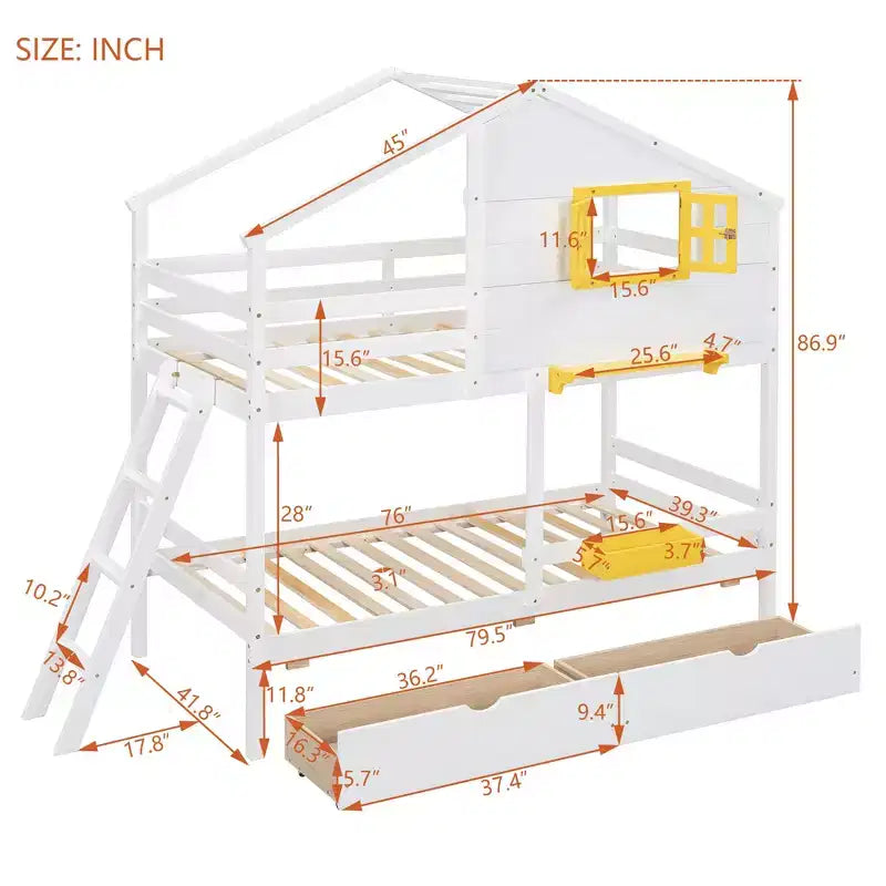 Luxystar Twin over Twin House Bunk Bed with 2 Drawers, Storage Shelves and Window