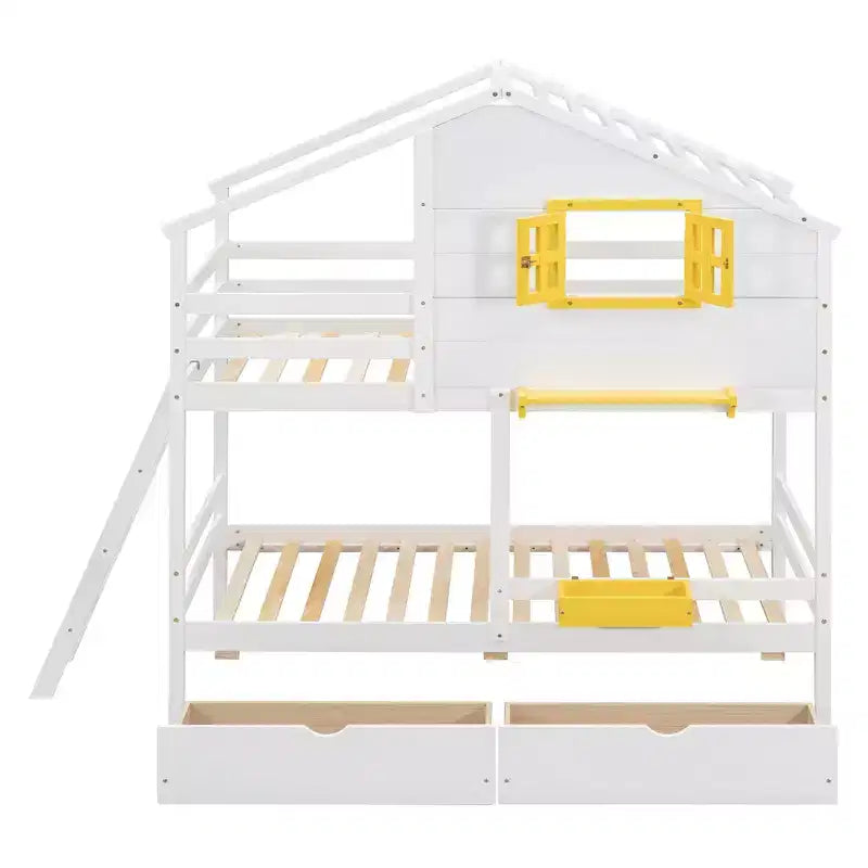 Luxystar Twin over Twin House Bunk Bed with 2 Drawers, Storage Shelves and Window