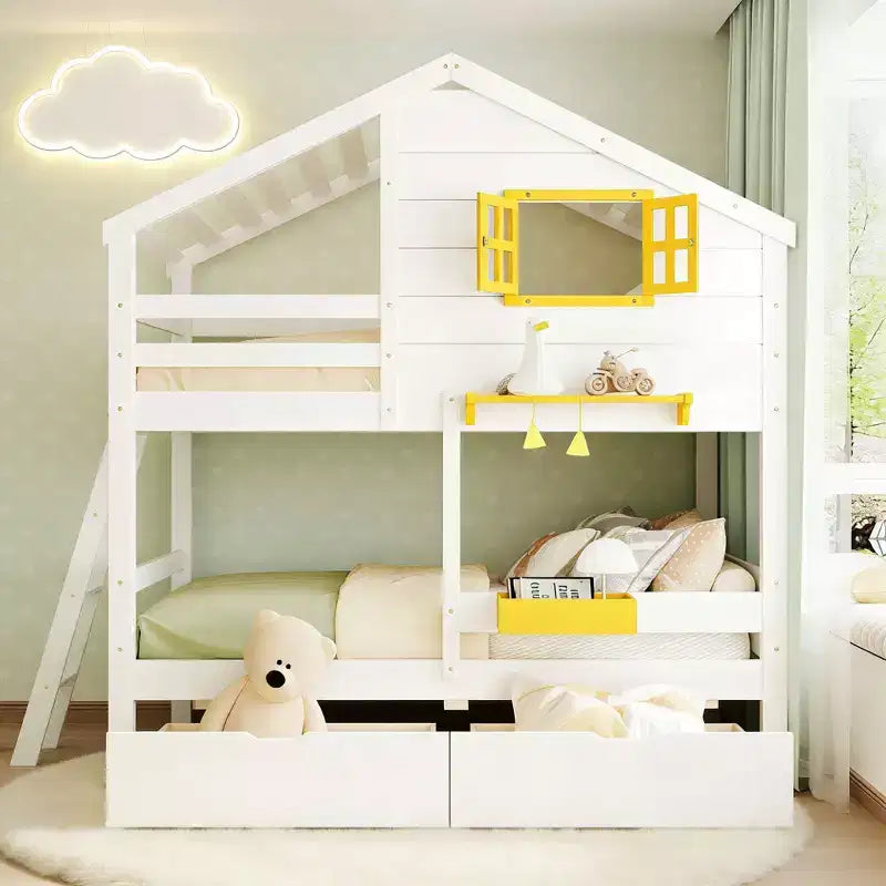 Luxystar Twin over Twin House Bunk Bed with 2 Drawers, Storage Shelves and Window