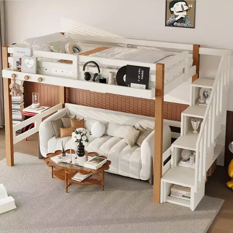 GDFStudio Letto a soppalco moderno Landy con gancio appendiabiti, mensole e spazio sottostante