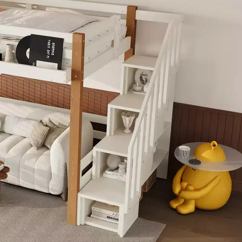 GDFStudio Letto a soppalco moderno Landy con gancio appendiabiti, mensole e spazio sottostante