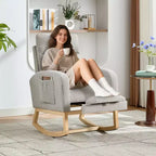 Teddy Upholstered Nursery Rocking Chair, 300lbs Wood Glider w/ High Backrest & 2 Side Pockets, Comfy Accent Rocker for Bedroom & Living Room