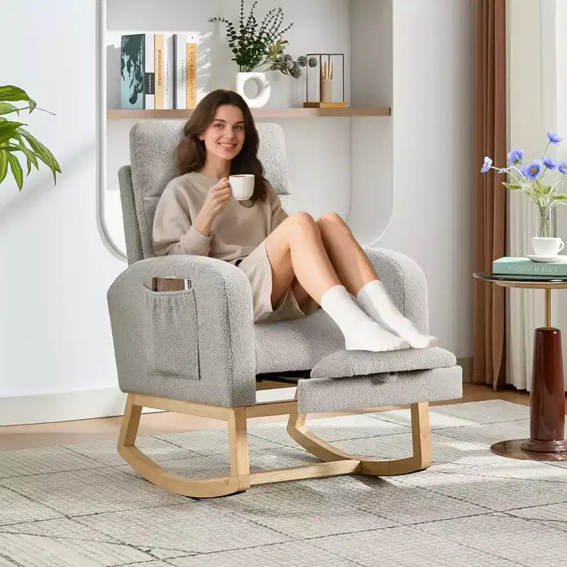 Teddy Upholstered Nursery Rocking Chair, 300lbs Wood Glider w/ High Backrest & 2 Side Pockets, Comfy Accent Rocker for Bedroom & Living Room