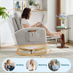 Teddy Upholstered Nursery Rocking Chair, 300lbs Wood Glider w/ High Backrest & 2 Side Pockets, Comfy Accent Rocker for Bedroom & Living Room