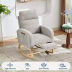 Teddy Upholstered Nursery Rocking Chair, 300lbs Wood Glider w/ High Backrest & 2 Side Pockets, Comfy Accent Rocker for Bedroom & Living Room