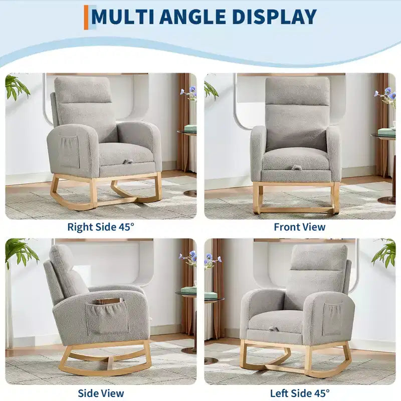 Teddy Upholstered Nursery Rocking Chair, 300lbs Wood Glider w/ High Backrest & 2 Side Pockets, Comfy Accent Rocker for Bedroom & Living Room