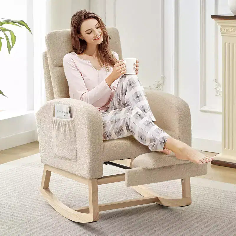 Teddy Upholstered Nursery Rocking Chair, 300lbs Wood Glider w/ High Backrest & 2 Side Pockets, Comfy Accent Rocker for Bedroom & Living Room