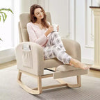 Teddy Upholstered Nursery Rocking Chair, 300lbs Wood Glider w/ High Backrest & 2 Side Pockets, Comfy Accent Rocker for Bedroom & Living Room
