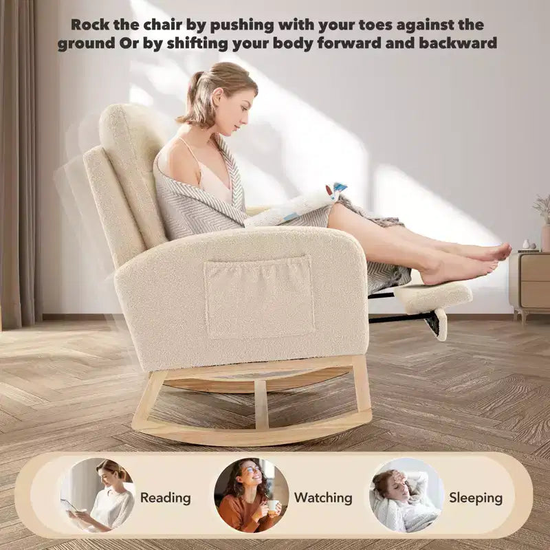 Teddy Upholstered Nursery Rocking Chair, 300lbs Wood Glider w/ High Backrest & 2 Side Pockets, Comfy Accent Rocker for Bedroom & Living Room