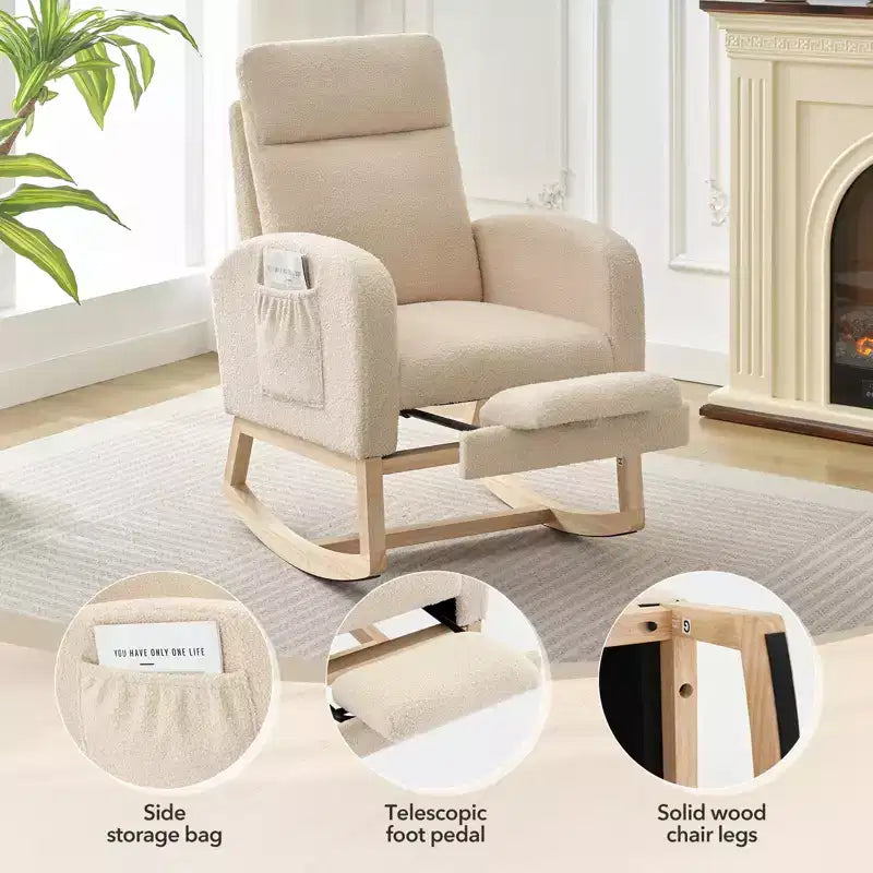 Teddy Upholstered Nursery Rocking Chair, 300lbs Wood Glider w/ High Backrest & 2 Side Pockets, Comfy Accent Rocker for Bedroom & Living Room
