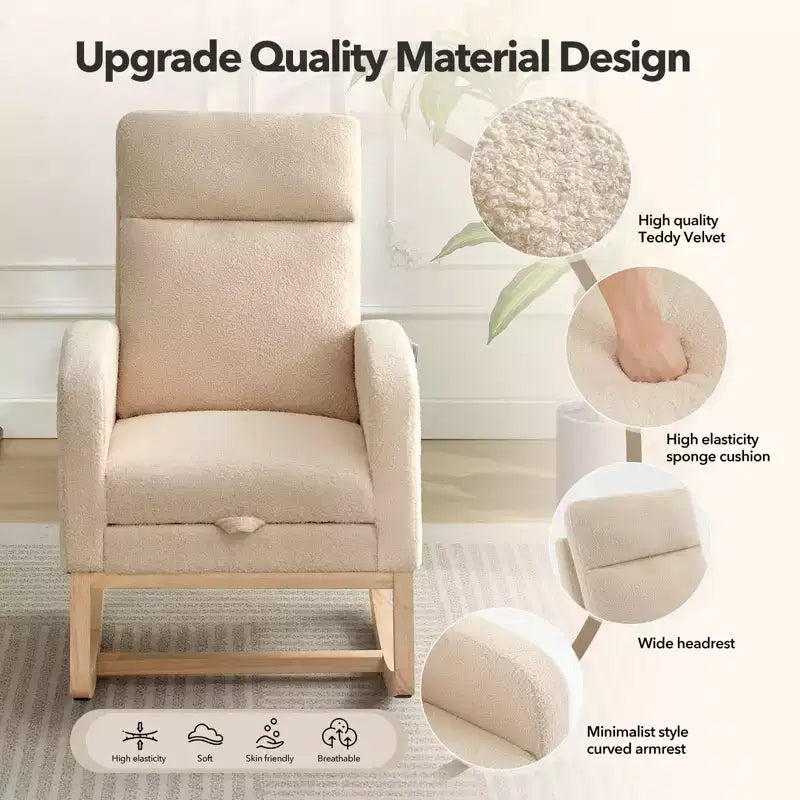 Teddy Upholstered Nursery Rocking Chair, 300lbs Wood Glider w/ High Backrest & 2 Side Pockets, Comfy Accent Rocker for Bedroom & Living Room