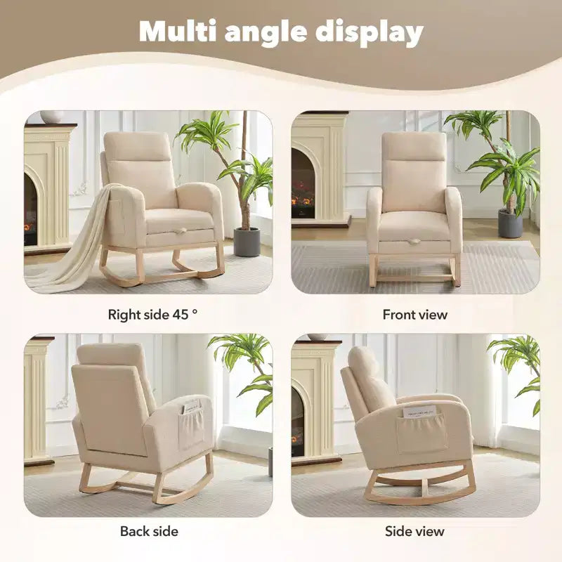 Teddy Upholstered Nursery Rocking Chair, 300lbs Wood Glider w/ High Backrest & 2 Side Pockets, Comfy Accent Rocker for Bedroom & Living Room
