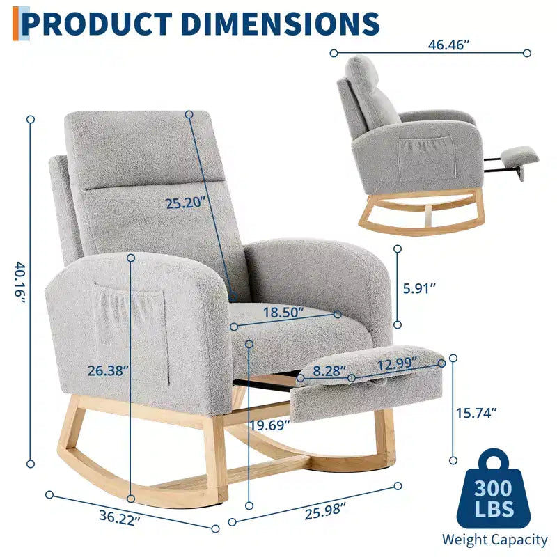 Teddy Upholstered Nursery Rocking Chair, 300lbs Wood Glider w/ High Backrest & 2 Side Pockets, Comfy Accent Rocker for Bedroom & Living Room